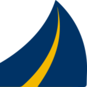 Abstract logo illustration with a curved blue shape and a yellow stripe, symbolizing a highway or road.